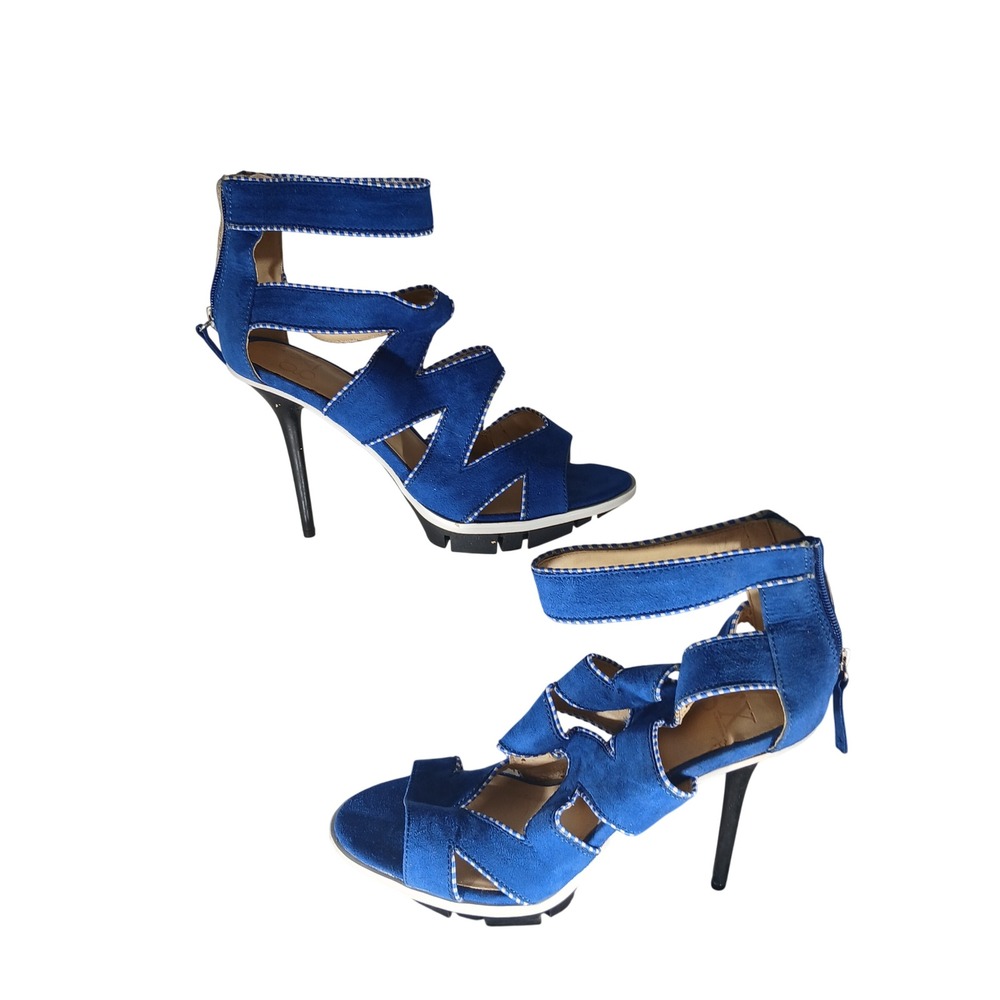 GX Gwen Stefani‎ Yori Sandals 9.5 Blue Cage Platform Stiletto Heels Edgy Zigzag